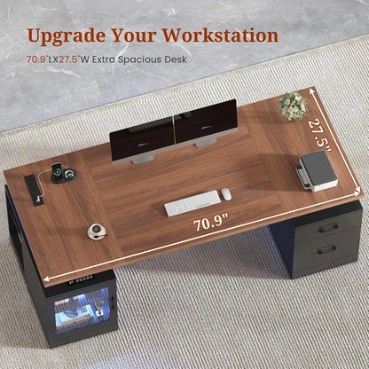 71 in Executive Standing Desk, Electric Height Adjustable Desk with Storage Drawers, Glass Cabinet, Shelves, Power, Customized