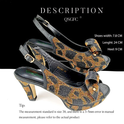 Nigeria Women's Open Toe High Heels Package Set Leopard Colorblocking Hot Rhinestones Fashion Sexy High Heels