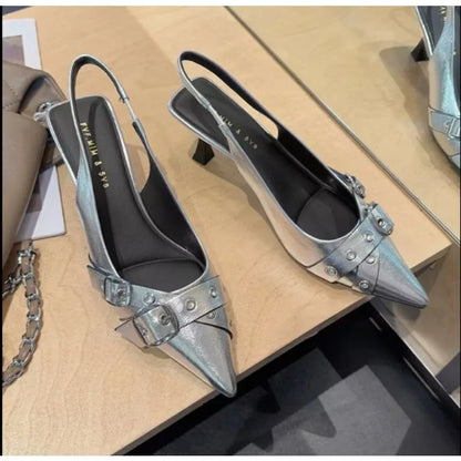 Luxury Brand Designer Women Sandals Fashion Pointed Toe Buckle Strap Metal High Heeled Kitten Heel Elegant Single Shoes Female