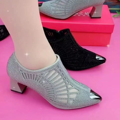Women's Pointed Toe Sandals Luxury Breathable Mesh Bowknot Rhinestone Clear Elegant Mid-Heeled Simple Pump Shoes Mesh Sandals