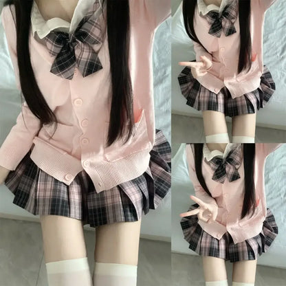 3Pc Set Japanese Korean School Uniforms Multicolor Sweater&Plaid Pleat Skirt with Bow Jk Uniform Suit Graduation Costumes Women