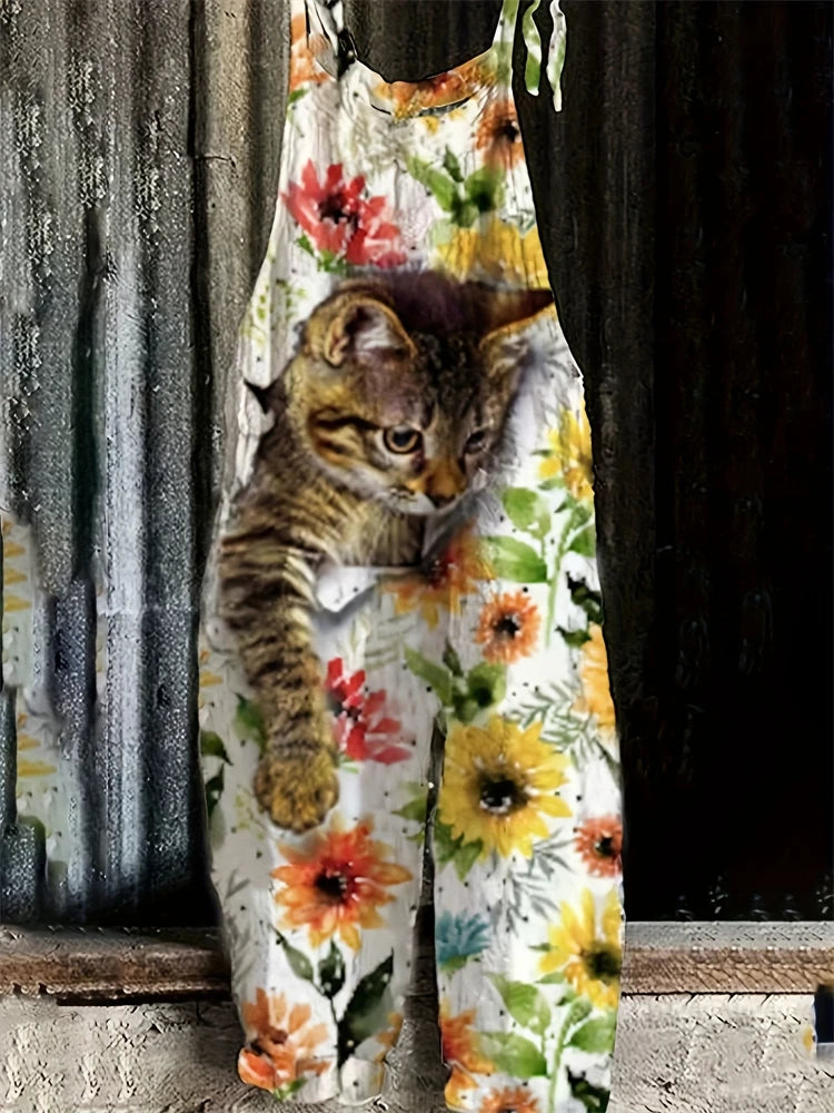 Pet Cat Love Print Women's Halter Jumpsuit Outdoor Resort Casual Women's Halter Pants S-5XL Spring Summer Jumpsuit Travelwear