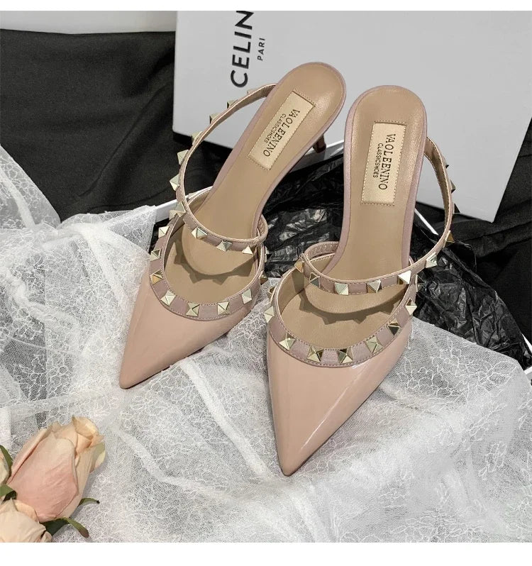 Heeled Sandals Summer Luxury Brand Rivets Women Slippers Fashion Leather Slingbacks Heels Slippers Designer Party Prom Shoes