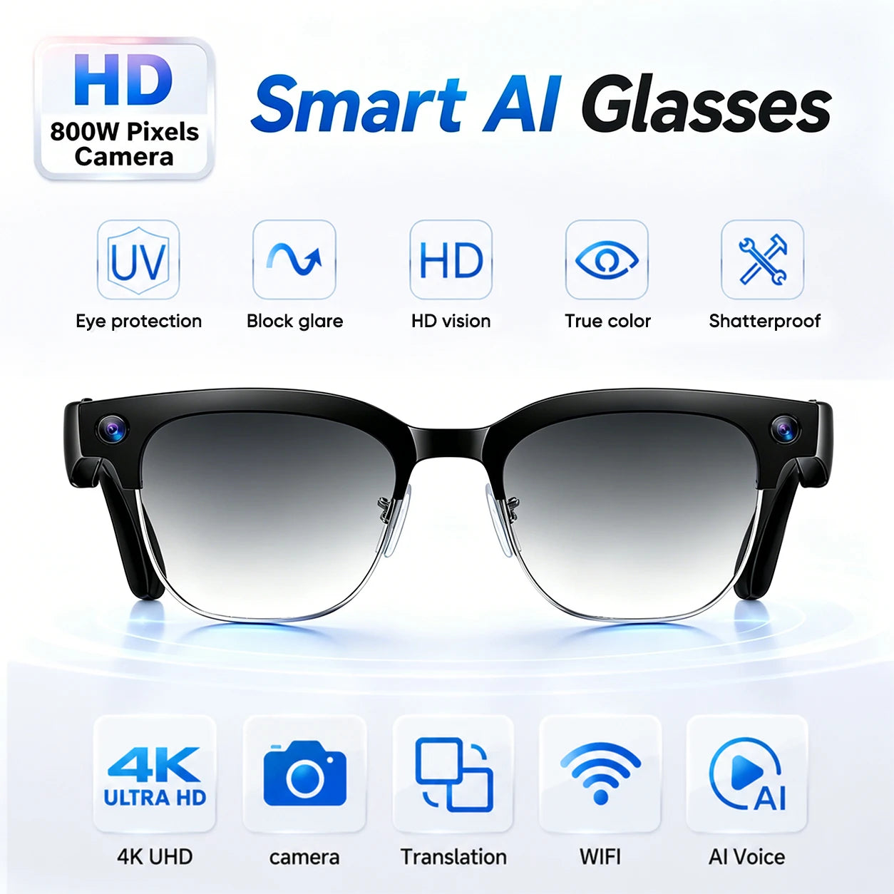 2026 New AI Smart Glasses AI Translation 8MP HD Camera 4K Shooting Bluetooth Call Recording Music Smart Sunglasses For Men Women