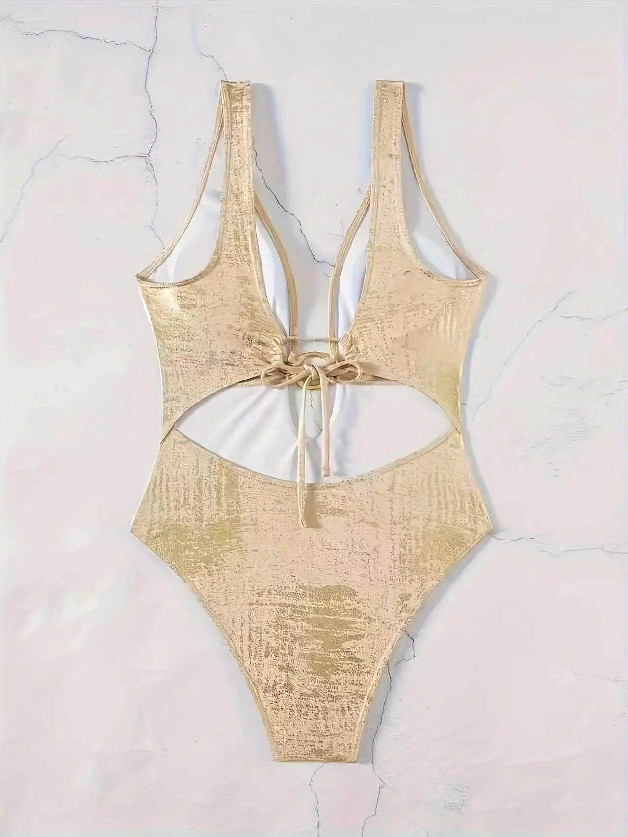 Shiny Metallic Gold One Piece Swimsuit Women Deep V Neck O-Ring Cutout High Cut Tummy Control Bathing Suit