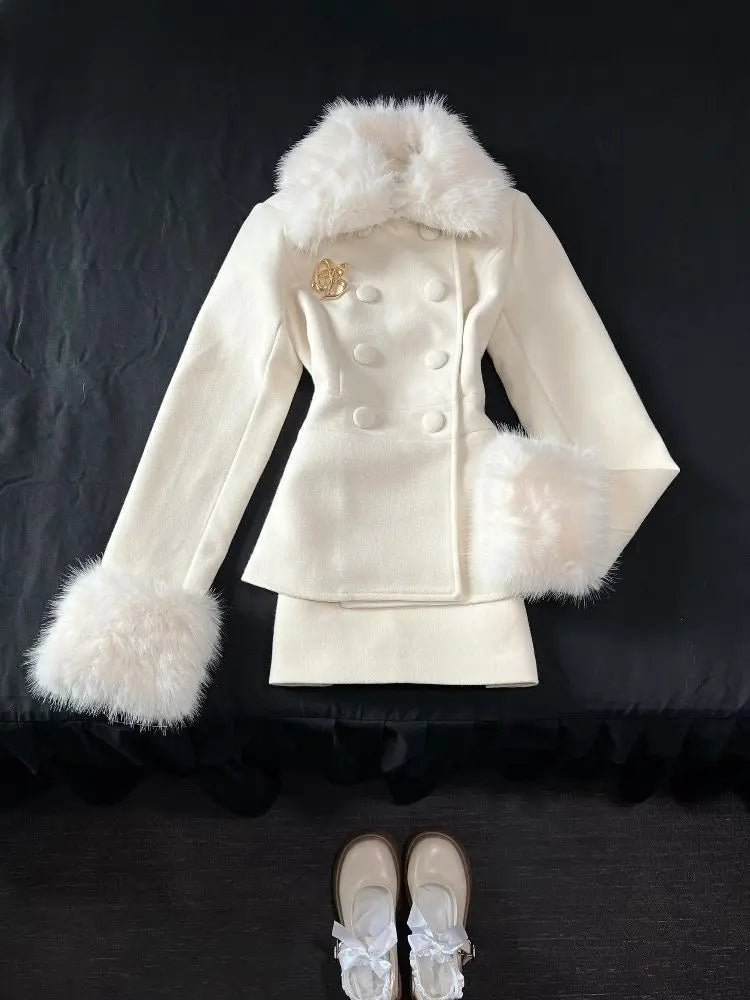 Winter French Elegant Women's Sets Korean Fashion Vintage Design 2 Piece Set Slimming Fur Collar Suits Chic Outfit Woman Clothes