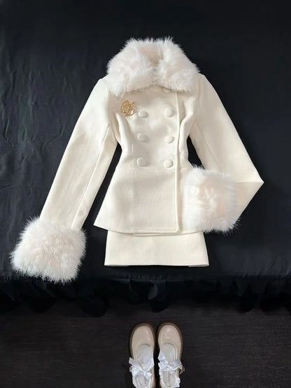 Winter French Elegant Women's Sets Korean Fashion Vintage Design 2 Piece Set Slimming Fur Collar Suits Chic Outfit Woman Clothes