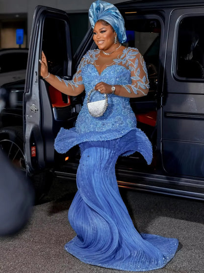 Blue Aso Ebi Long South African Prom Dresses For Black Girls Long Sleeves Pearls Nigerian Prom Gowns Evening Party Customized