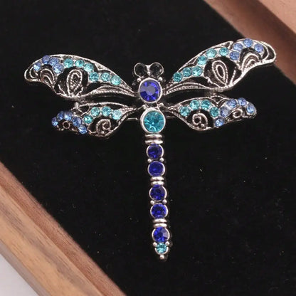 Vintage Silver-Tone Dragonfly Brooch - Blue & Green Rhinestones, Intricate Filigree Design, for Daily Outfits, Ideal Gift