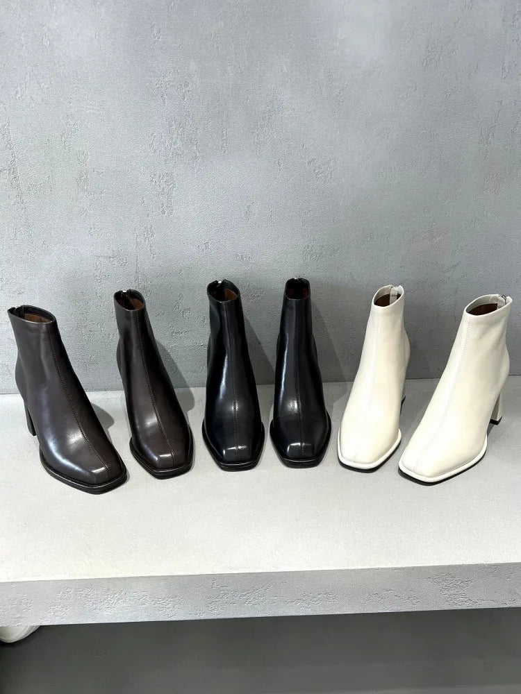 Concise Female Genuine Leather Square Toe Chunky Heel Ankle Boots Versatile Solid Color Cowhide Zipper Hard Wearing Footwear