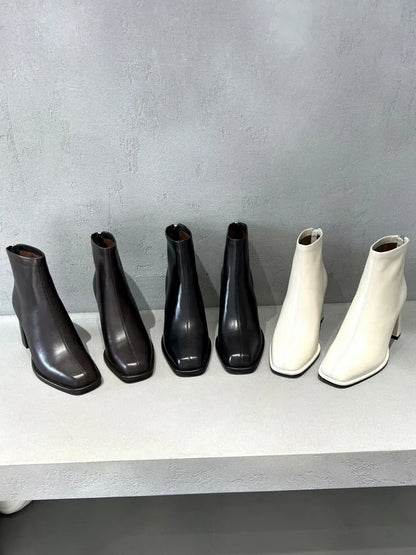 Concise Female Genuine Leather Square Toe Chunky Heel Ankle Boots Versatile Solid Color Cowhide Zipper Hard Wearing Footwear