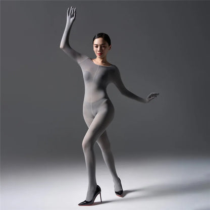 Sexy Women 120D Tights Hooded Mask Elastic Bodysuit Sheer See Through Rompers Glove Jumpsuits Cosplay Maid Leotard