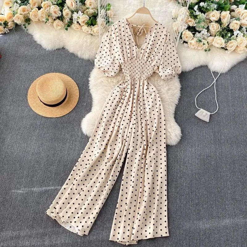 Jumpsuit Women Summer New Temperament Polka Dot V-neck High Waist Casual Wide Leg Jumpsuit Elegant Party One Piece Jumpsuits