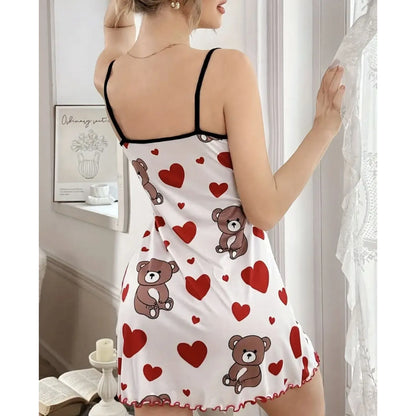 Summer Cute Teddy Bear Hearts Printed Nightgowns Women Sleeveless Ruffled Hem Sleep Dress Loungewear Sleepwear Sleeping dress