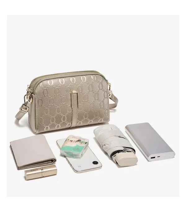FOXER Elegant Women's Shoulder Bag Split Leather Lady Crossbody Bag Fashion Monogram Print Large Capacity Purse