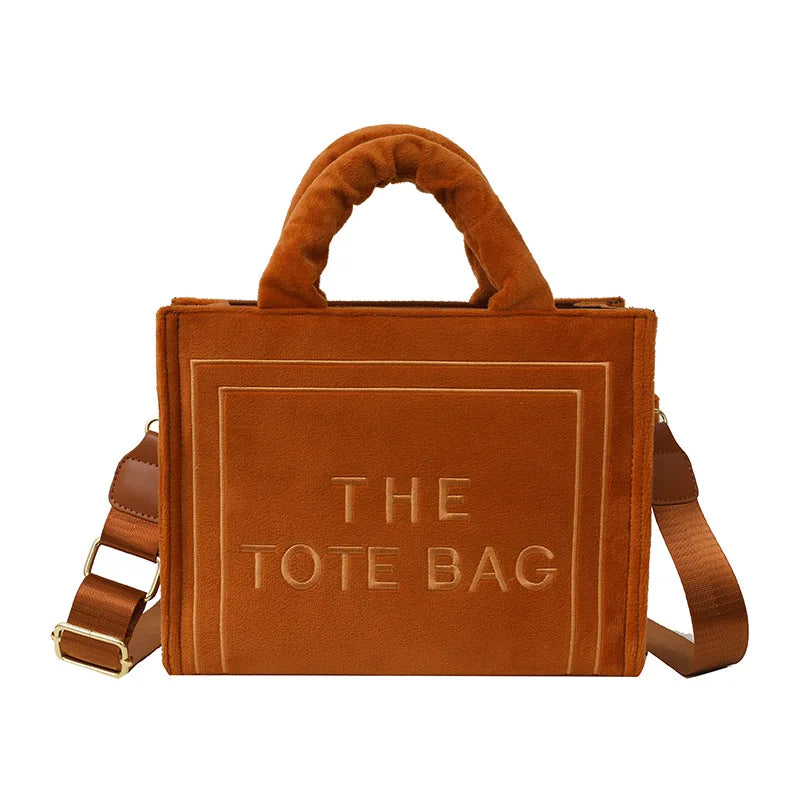 Women's Khaki Velour Tote Bag Original Letter Print Medium Ladies Shopper Handbag Female Square Medium Shoulder Bags