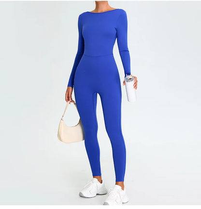 New Summer Sexy V Back Gym Sports Jumpsuit Yoga Clothes Rompers Women Long Sleeveles Workout Bodysuits Backless One-piece Suit
