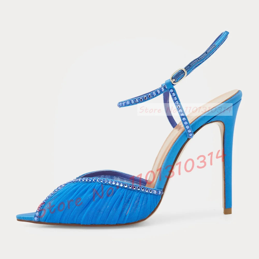 Peep Toe Tulle Sandals Stiletto High Heels Women Luxury Crystals Trim Pleated Mesh Shoes Summer Ladies Graceful Evening Shoes