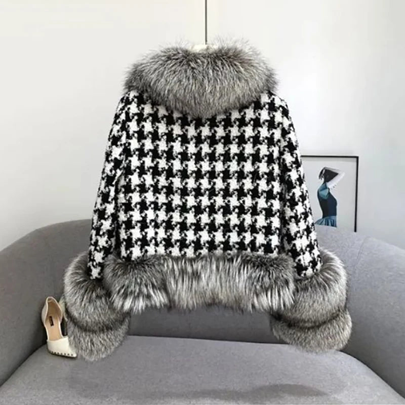 Autumn Winter Women Fur Coat Luxury Warm Short Thousand Bird Check Fur Collar Faux Fur Jackets Fashion Adjustable Waist Coats