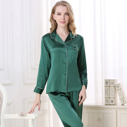 100% Mulberry Silk Pajamas Set for Women Long Sleeve Sleepwear Spring Summer Breathable Lounge Robe Comfortable Cool Silk