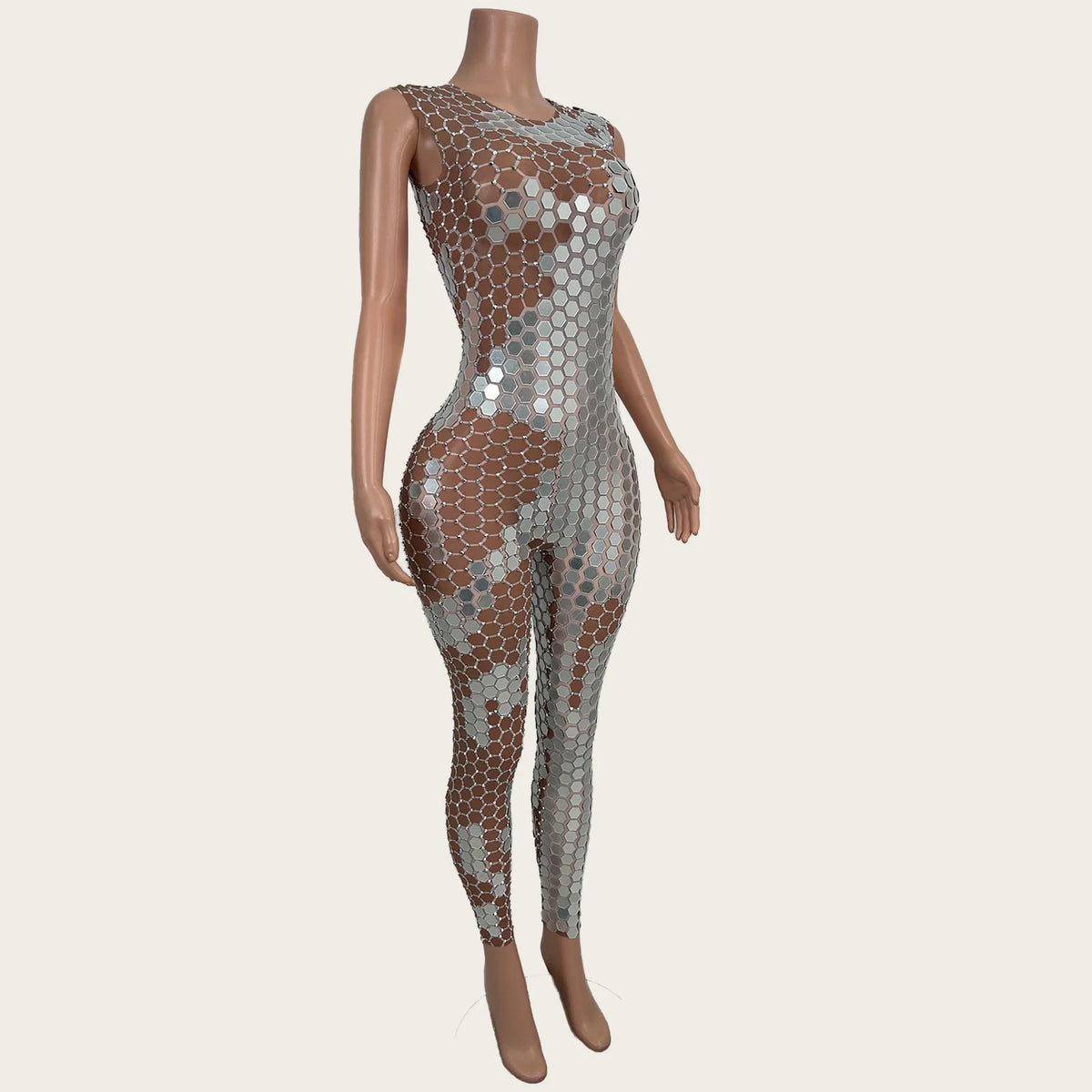 Women Sexy Sparkly Mirrors Sleeveless Bodycon Jumpsuit Celebrate Event Club Rompers Photo Shoot Stage Fashion Outfit Yinpianku