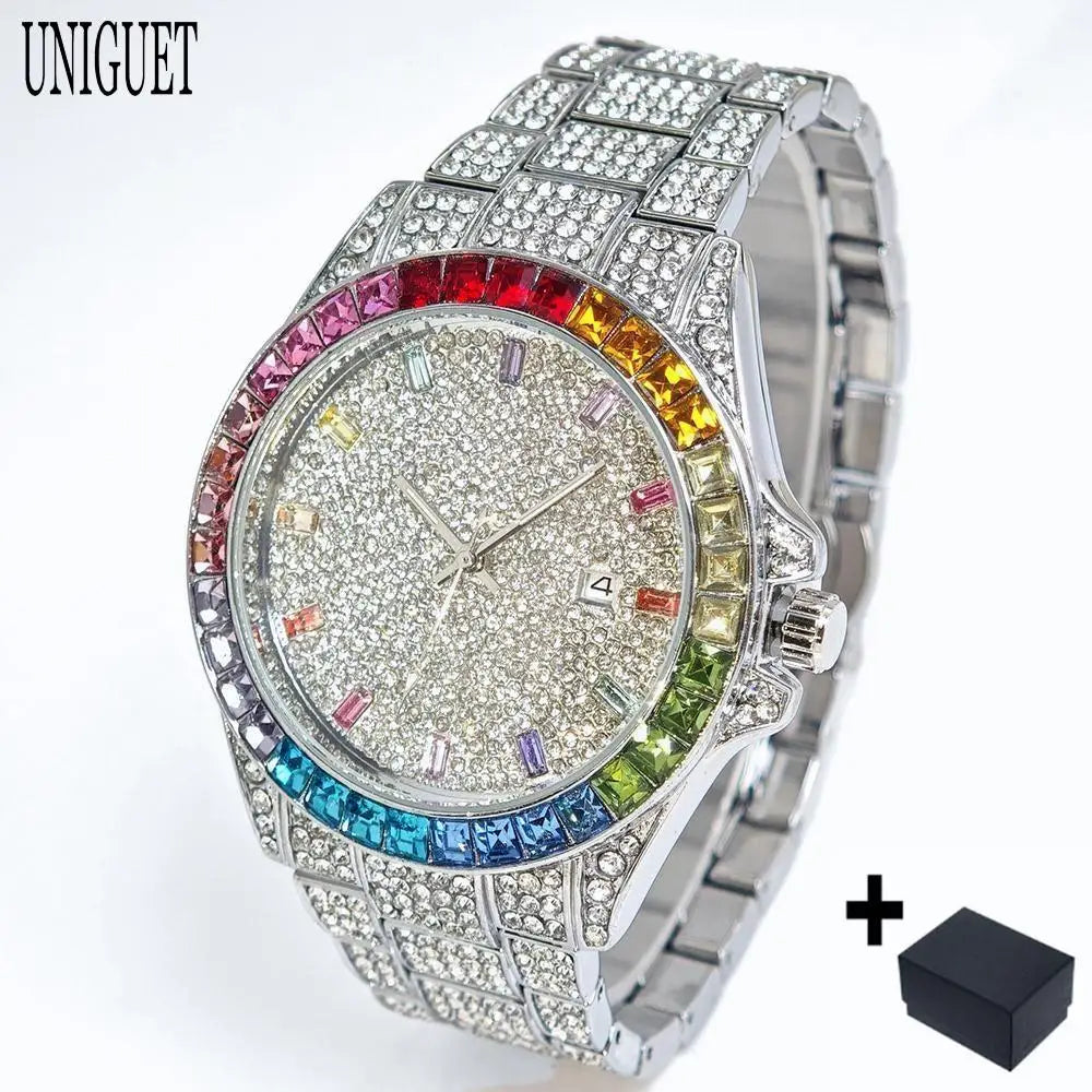 Hot Sell Fashion Gold Watch For Men Brand UNIGUET Hip Hop Rainbow Diamond Shiny Jewelry Quartz Wristwatch Male Dropshipping