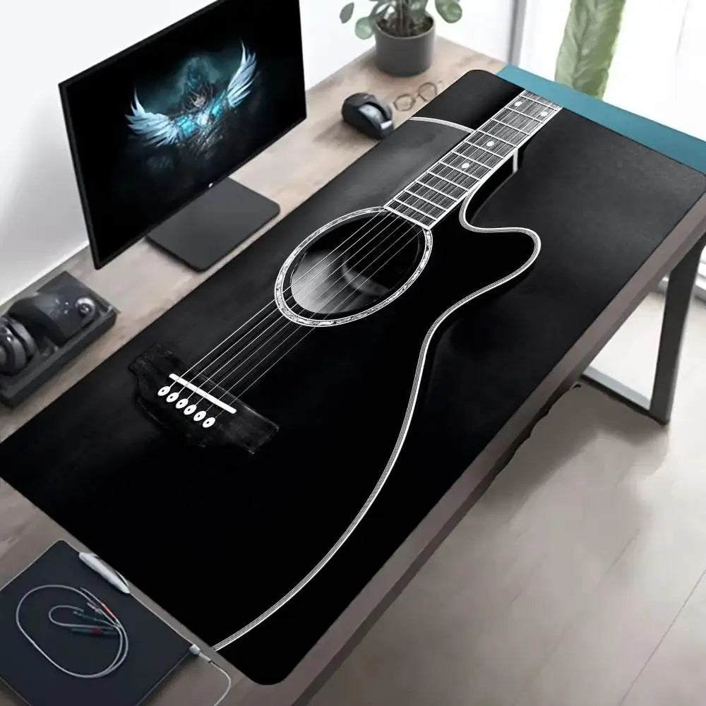 Minimalist Guitar Outline Large Gaming Mouse Pad Non-Slip Rubber Base Black Cool Extended Mouse Mat Music Theme PC Desk Mousepad