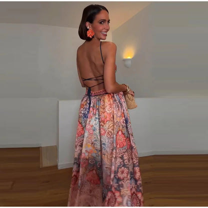 Women Printed V Neck Long Dress Flared Sleeve Lotus Leaf Edge High Waist Slim Fit Maxi Dresses Lady Elegant Evening Party Dress