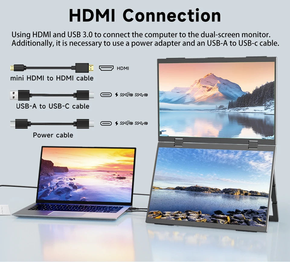 HGFRTEE 15.6 Inch Dual Portable Monitor for Laptop Screen Extender Stackable Foldable 315° Folding Stacked Triple Display