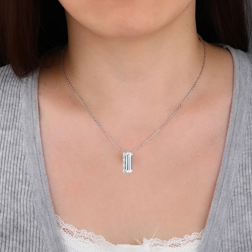 3CT Baguette Cut Moissanite Pendant Necklace for Women S925 Silver Plated 18K Lab Diamond Adjustable Chain Trendy Neck Jewelry
