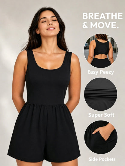 Pocket 2-in-1 Romper—Easy Peezy Edition Womens Solid Color Sports Rompers Casual Jumpsuit Workout Athletic  Sleeveless Outfit