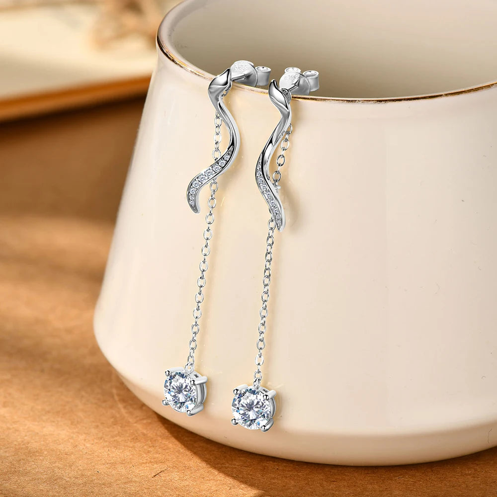 Sweetrain 1CT Moissanite Drop Earrings S925 Sterling Silver Long Tassel Dangle Earring for Women Wedding Jewelry Gifts with GRA