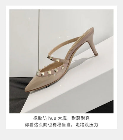 Heeled Sandals Summer Luxury Brand Rivets Women Slippers Fashion Leather Slingbacks Heels Slippers Designer Party Prom Shoes