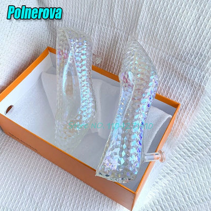 Transparent Crystal High Heels Wedding Bridal Shoes Luxury Pointed Toe Round Heel Women Pumps Elegant Fairy Banquet Party Shoes
