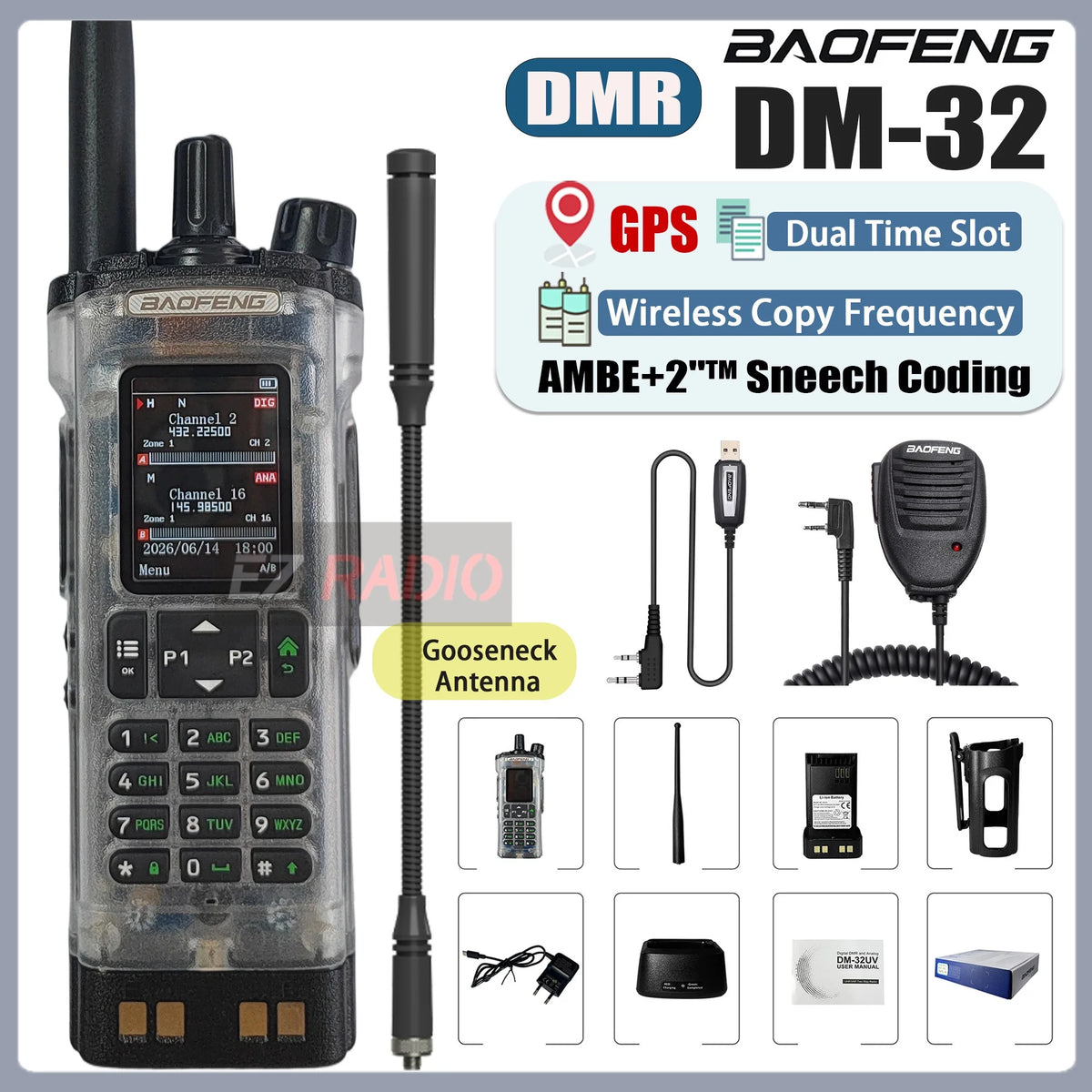 Transparent Baofeng Radio DM 32UV DMR Digital Wireless Walkie Talkie With AES256 Encryption For Long Range Secure Contact skiing