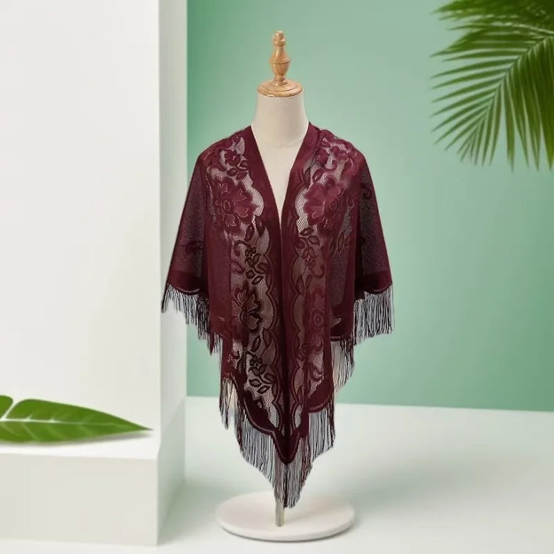 Floral Lace Tassel Triangle Shawl Wrap Sheer Hollow Fringe Poncho Cover Up Women Elegant Cape Stole Wedding Party Evening Dress