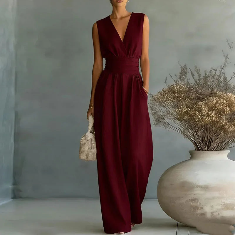 OL Style Solid High Waist Draped Jumpsuits Woman 2026 Spring V Neck Wide Leg Trousers Overalls Casual Half Sleeve Rompers Outfit