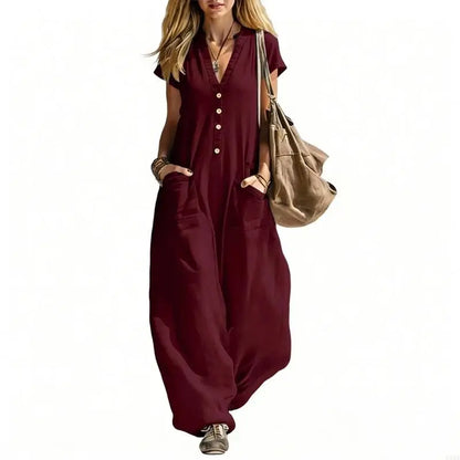 Jumpsuits for Women Linen Button Short Sleeve Jumpsuits Wide Leg V Neck Rompers Vacation Clothes with Pockets 6XDA