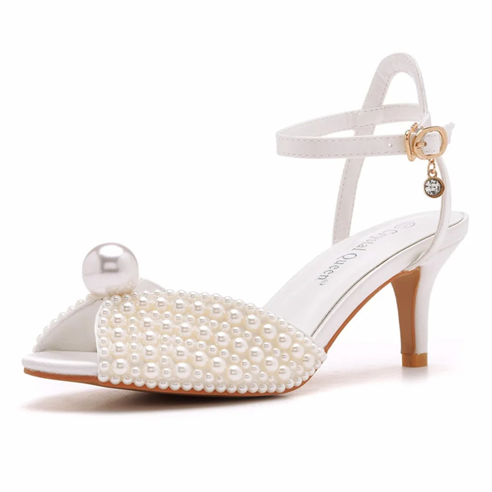 Maogu 6cm Fish Mouth High Heeled Sandals Buckle Wedding Bride Luxury Designer Shoes Heels Pearl Sandal Ladies Shoe Large Size 43