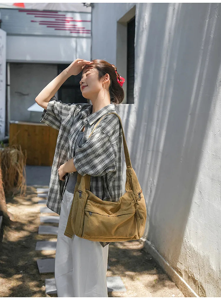 100% Cotton Shoulder Bags Women Large Capacity Canvas Tooling Packages Korea Style Cloth Crossbody Bags Solid Messenger Bags