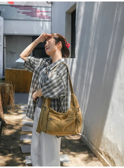 100% Cotton Shoulder Bags Women Large Capacity Canvas Tooling Packages Korea Style Cloth Crossbody Bags Solid Messenger Bags