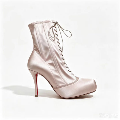 Women Square Toe Lace‑Up Ankle Booties Stiletto High Heels Platform Fashion Party Nightclub Ladies Dress Shoes Zapatos Mujer
