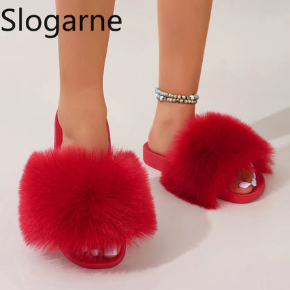 Fashion Fox Fur Slides Women Luxury Designer Summer Sandals Ladies Furry Lazy Slippers Fluffy Flip Flops Shoes Plus Size Shoes