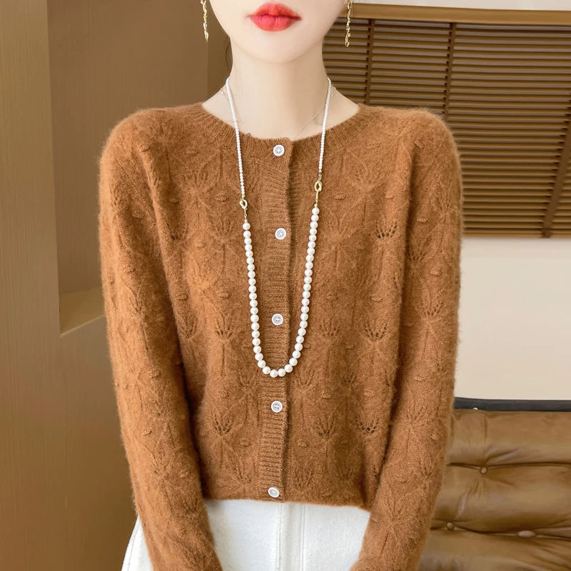 New Autumn Winter Soft Warm Cardigan Woman Cashmere Sweater O-neck Women 100% Merino Wool Sweater Loose Fit Hollow out Top Coat