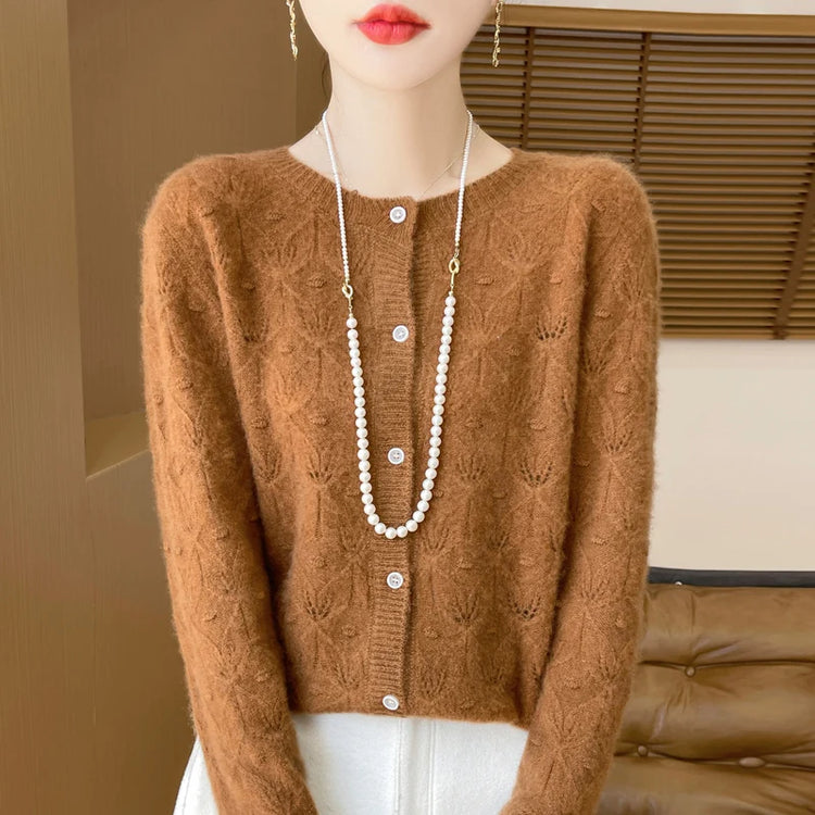 New Autumn Winter Soft Warm Cardigan Woman Cashmere Sweater O-neck Women 100% Merino Wool Sweater Loose Fit Hollow out Top Coat