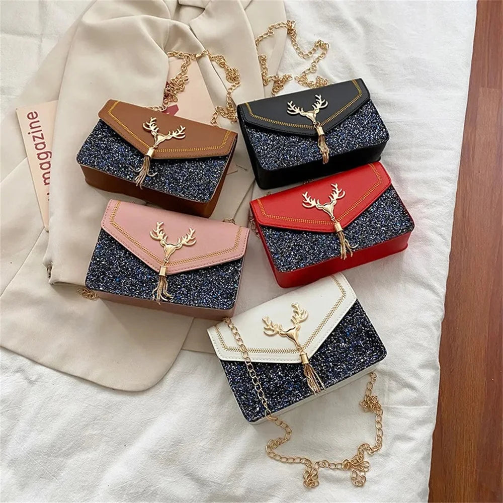 Fashion Women Shoulder Bag Deer Head Decoration Messenger Bags PU Leather Button Underarm Luxury Chain Lady Small Square Handbag