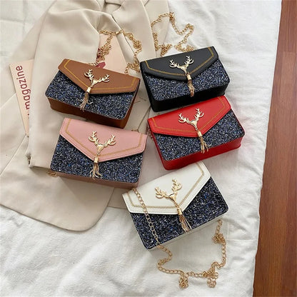 Fashion Women Shoulder Bag Deer Head Decoration Messenger Bags PU Leather Button Underarm Luxury Chain Lady Small Square Handbag