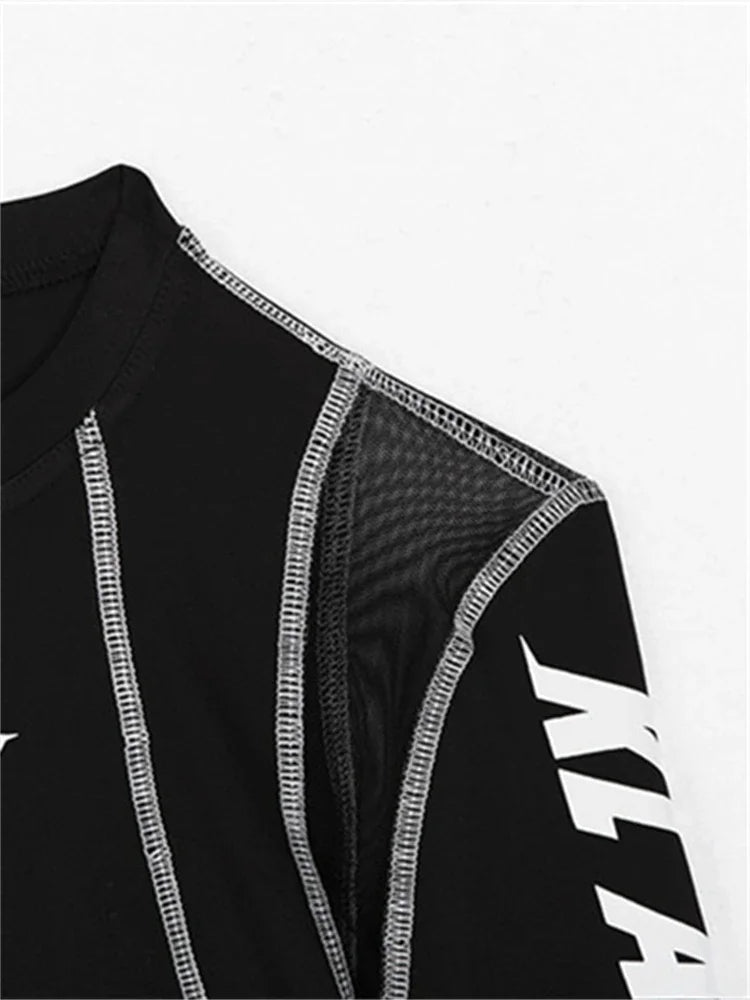 2025 Women Sexy Mesh Patchwork Letter Print Bodysuit Fashion Balck Patchwork Long Sleeve O-Neck Fitness Tops Wild Streetwear
