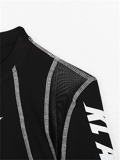 2025 Women Sexy Mesh Patchwork Letter Print Bodysuit Fashion Balck Patchwork Long Sleeve O-Neck Fitness Tops Wild Streetwear