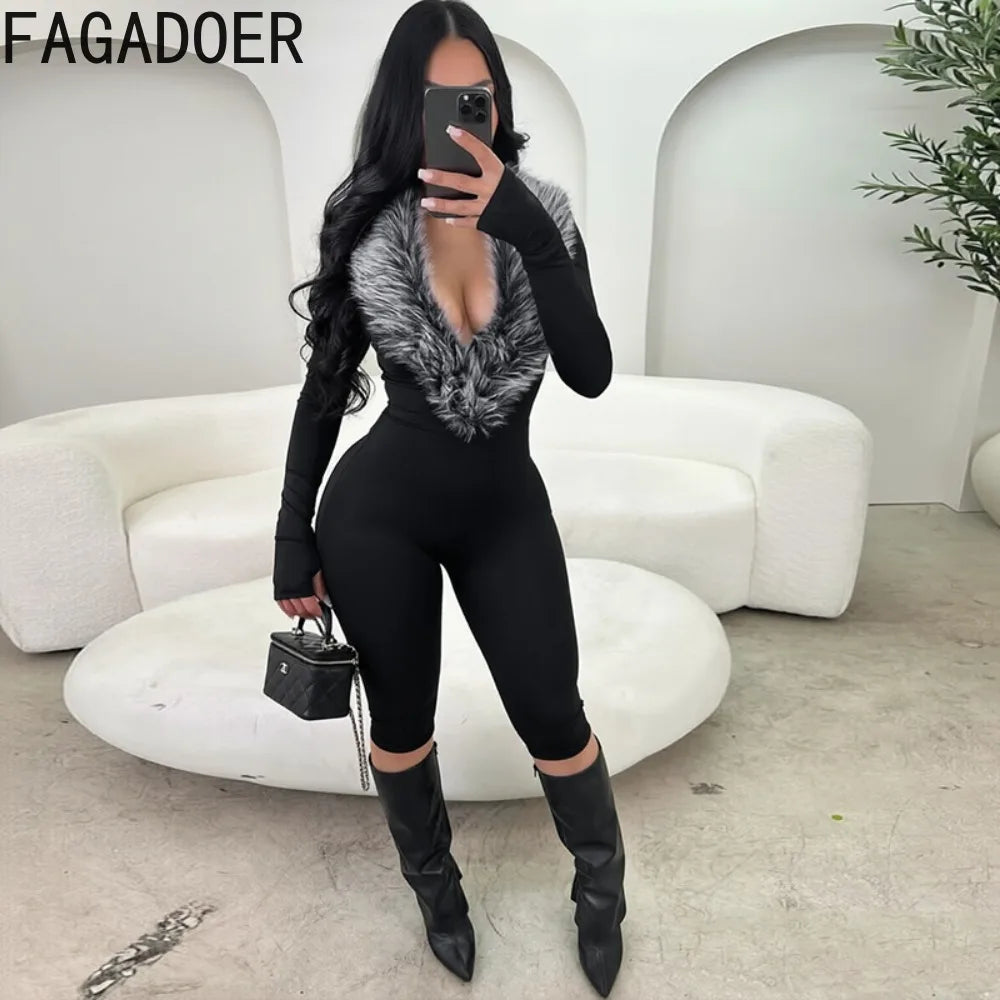FAGADOER Women Bodycon One Piece Jumpsuit Faux Fur Patchwork Trim Deep V Long Sleeve Stretch Slim Fit Sexy Streetwear Outfit New